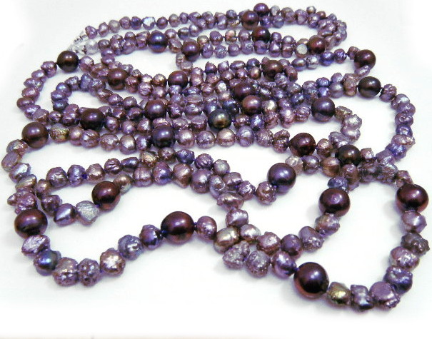 Purple Granulated Long Rope with Purple Round Pearls Necklace